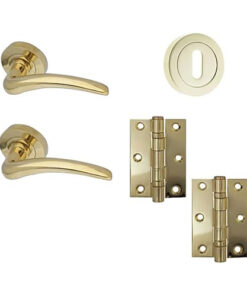 IRONMONGERY SOLUTIONS Lock Pack of Door Handle, 3 Lever Sashlocks,Escutcheons & Hinges - Pack of Door Handle in PVD Finish