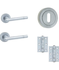IRONMONGERY SOLUTIONS Lock Pack of Door Handle, 3 Lever Sashlocks, Escutcheons & Hinges - Pack of Door Handle in Satin Chrome Finish