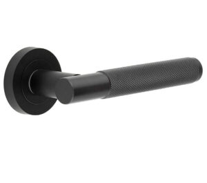 Frelan Hardware Bari Knurled Aluminium Door Handles On Round Rose, Matt Black