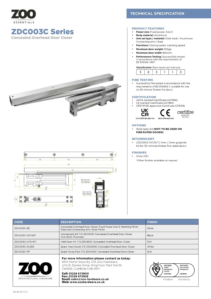 Zoo Hardware Concealed Overhead Door Closer, Fixed Power Size 3, Matching Finish Track and Connecting Arm, Silver Finish ZDC003C-SE - Image 3