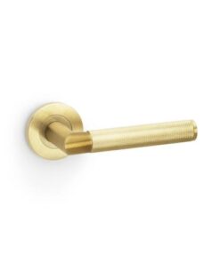Alexander And Wilks Harrier Door Handle Knurled On Round Rose Satin Brass Pvd AW210SBPVD