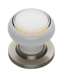Heritage Brass Gold Line White Porcelain Mortice Door Knobs, Satin Nickel Rose (sold in pairs)