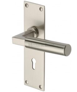 Heritage Brass Bauhaus Low Profile Door Handles On Backplate, Satin Nickel (sold in pairs)