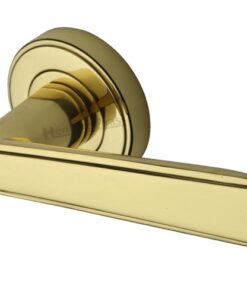 Heritage Brass Century Art Deco Style Door Handles On Round Rose, Polished Brass (sold in pairs)