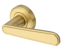 Heritage Brass Century Art Deco Style Door Handles On Round Rose, Satin Brass  (sold in pairs)