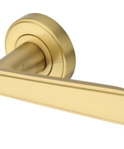 Heritage Brass Century Art Deco Style Door Handles On Round Rose, Satin Brass  (sold in pairs)