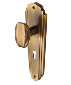 Heritage Brass Charlston Art Deco Style Door Knobs On Backplate, Antique Brass (sold in pairs)