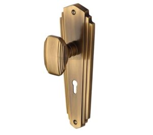 Heritage Brass Charlston Art Deco Style Door Knobs On Backplate, Antique Brass (sold in pairs)