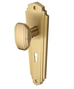 Heritage Brass Charlston Art Deco Style Door Knobs On Backplate, Satin Brass (sold in pairs)