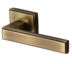 Heritage Brass Linear Antique Brass Art Deco Style Door Handles On Square Rose (sold in pairs)