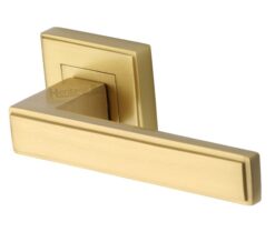 Heritage Brass Linear Satin Brass Art Deco Style Door Handles On Square Rose  (sold in pairs)