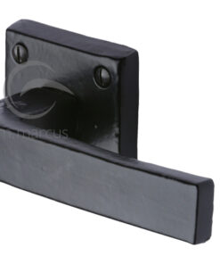 M Marcus Hanwood Door Handles On Square Rose, Smooth Black Iron (sold in pairs)