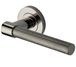 Heritage Brass Phoenix Knurled Door Handles On Round Rose, Polished Nickel  (sold in pairs)