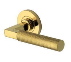 Heritage Brass Signac Knurled Door Handles On Round Rose, Polished Brass  (sold in pairs)