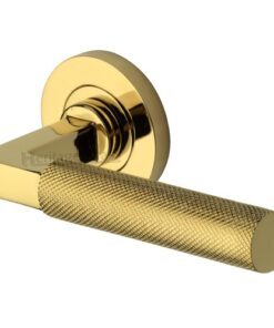 Heritage Brass Signac Knurled Door Handles On Round Rose, Polished Brass  (sold in pairs)