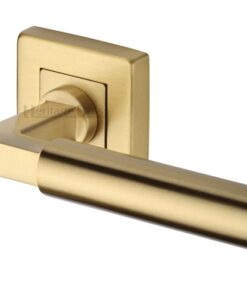 Heritage Brass Bauhaus SQ Satin Brass Door Handles On Square Rose  (sold in pairs)