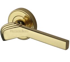 Heritage Brass Tiffany Art Deco Style Door Handles On Round Rose, Polished Brass  (sold in pairs)