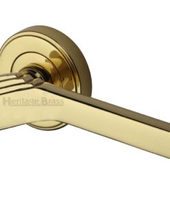 Heritage Brass Tiffany Art Deco Style Door Handles On Round Rose, Polished Brass (sold in pairs)