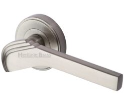 Heritage Brass Tiffany Art Deco Style Door Handles On Round Rose, Satin Nickel  (sold in pairs)