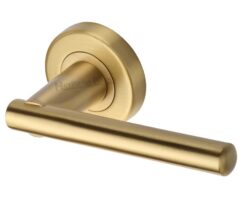 Heritage Brass Challenger Satin Brass Door Handles On Round Rose   (sold in pairs)