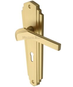 Heritage Brass Waldorf Art Deco Style Door Handles, Satin Brass  (sold in pairs)