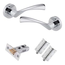 Luxury Door Handle Lever on Rose Latch Pack - Straight Designer Range in Polished Chrome | T-Bar Door Handles, 65mm Tubular Latch and 75mm Ball Bearing Hinges, Door Handle Set