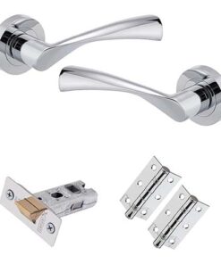 Luxury Door Handle Lever on Rose Latch Pack - Straight Designer Range in Polished Chrome | T-Bar Door Handles, 65mm Tubular Latch and 75mm Ball Bearing Hinges, Door Handle Set